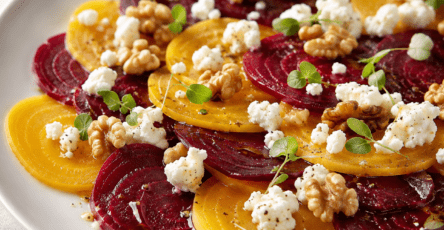Carpaccio de betteraves rouges et jaunes coupées en fines rondelles, garni de chèvre frais émietté, de noix concassées, de jeunes pousses et d’huile de noix.