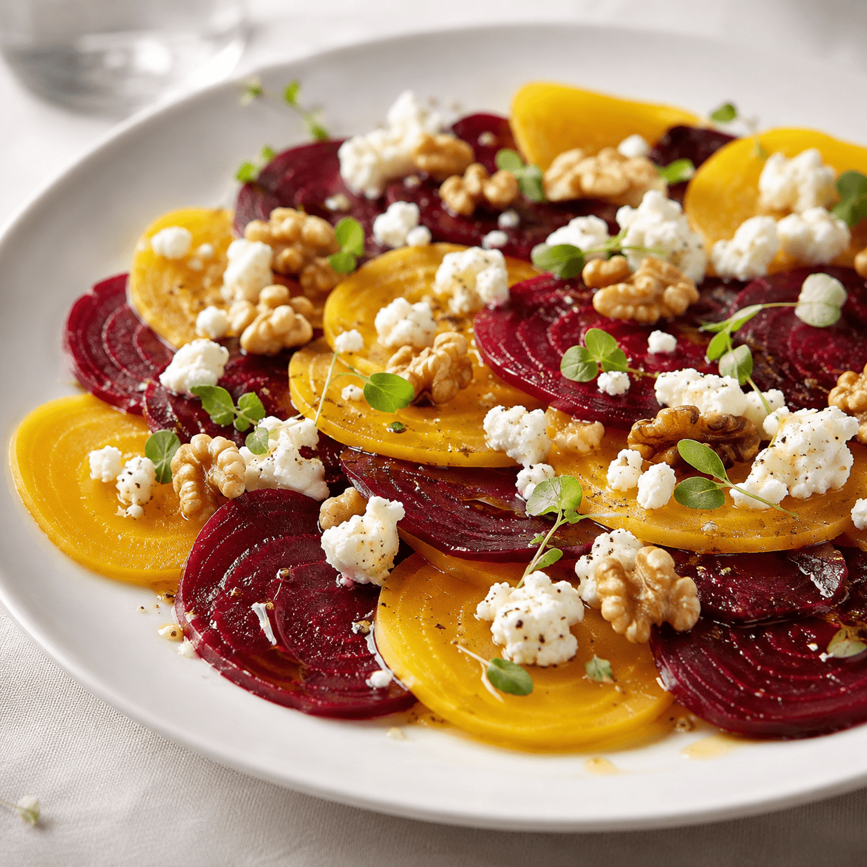 Carpaccio de betteraves rouges et jaunes coupées en fines rondelles, garni de chèvre frais émietté, de noix concassées, de jeunes pousses et d’huile de noix.