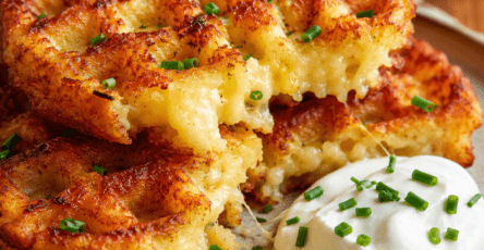 Gaufres salées de pommes de terre très dorées et croustillantes, garnies de fromage fondu et de ciboulette, servies avec une salade fraîche et une sauce au yaourt.
