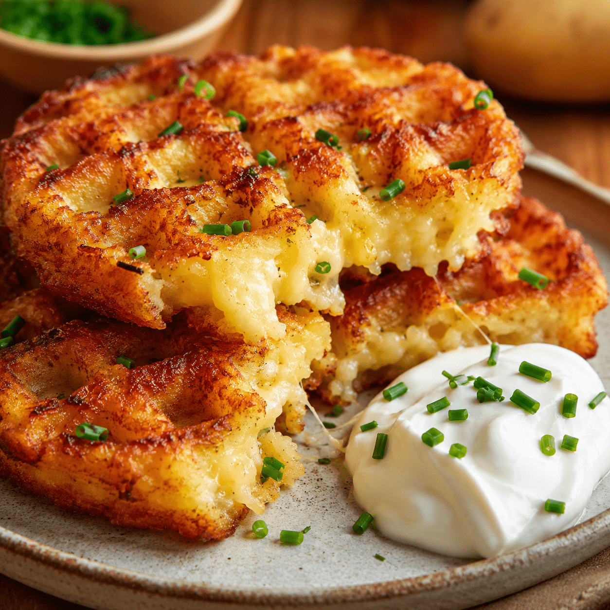 Gaufres salées de pommes de terre très dorées et croustillantes, garnies de fromage fondu et de ciboulette, servies avec une salade fraîche et une sauce au yaourt.