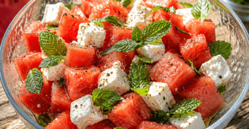 Salade estivale composée de cubes de pastèque rouge, de feta blanche émiettée, de feuilles de menthe fraîche et d’un filet d’huile d’olive, servie dans un grand plat.