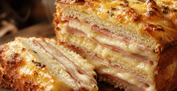 Croque-cake doré servi en tranches épaisses, composé de couches régulières de pain de mie, de jambon et de fromage fondant, avec une surface gratinée.