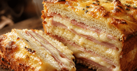 Croque-cake doré servi en tranches épaisses, composé de couches régulières de pain de mie, de jambon et de fromage fondant, avec une surface gratinée.