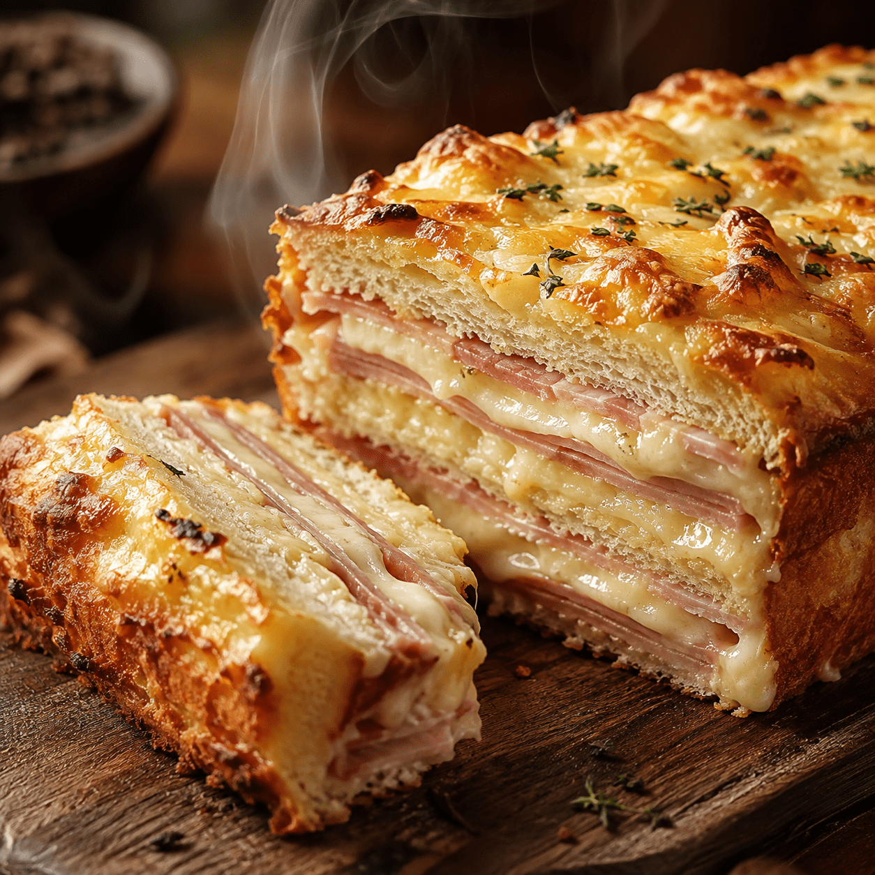 Croque-cake doré servi en tranches épaisses, composé de couches régulières de pain de mie, de jambon et de fromage fondant, avec une surface gratinée.