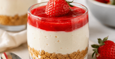 Verrines de cheesecake à la fraise sans cuisson composées d’une base de biscuits sablés, d’une crème blanche onctueuse et d’un coulis rouge, décorées de fraises fraîches.