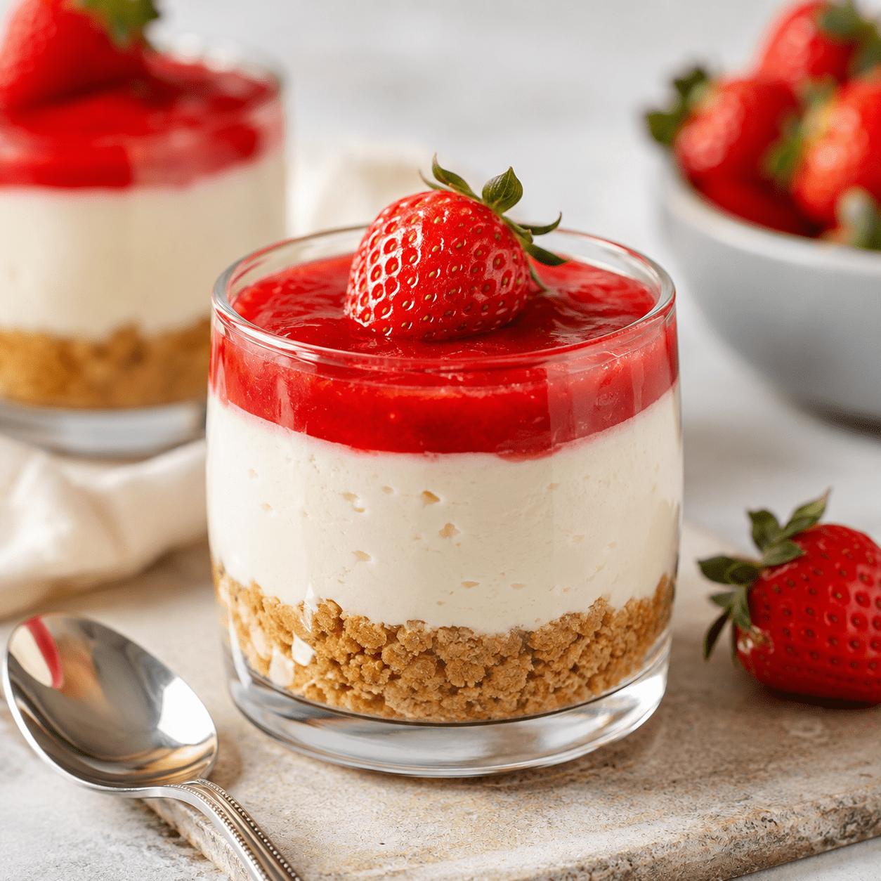 Verrines de cheesecake à la fraise sans cuisson composées d’une base de biscuits sablés, d’une crème blanche onctueuse et d’un coulis rouge, décorées de fraises fraîches.