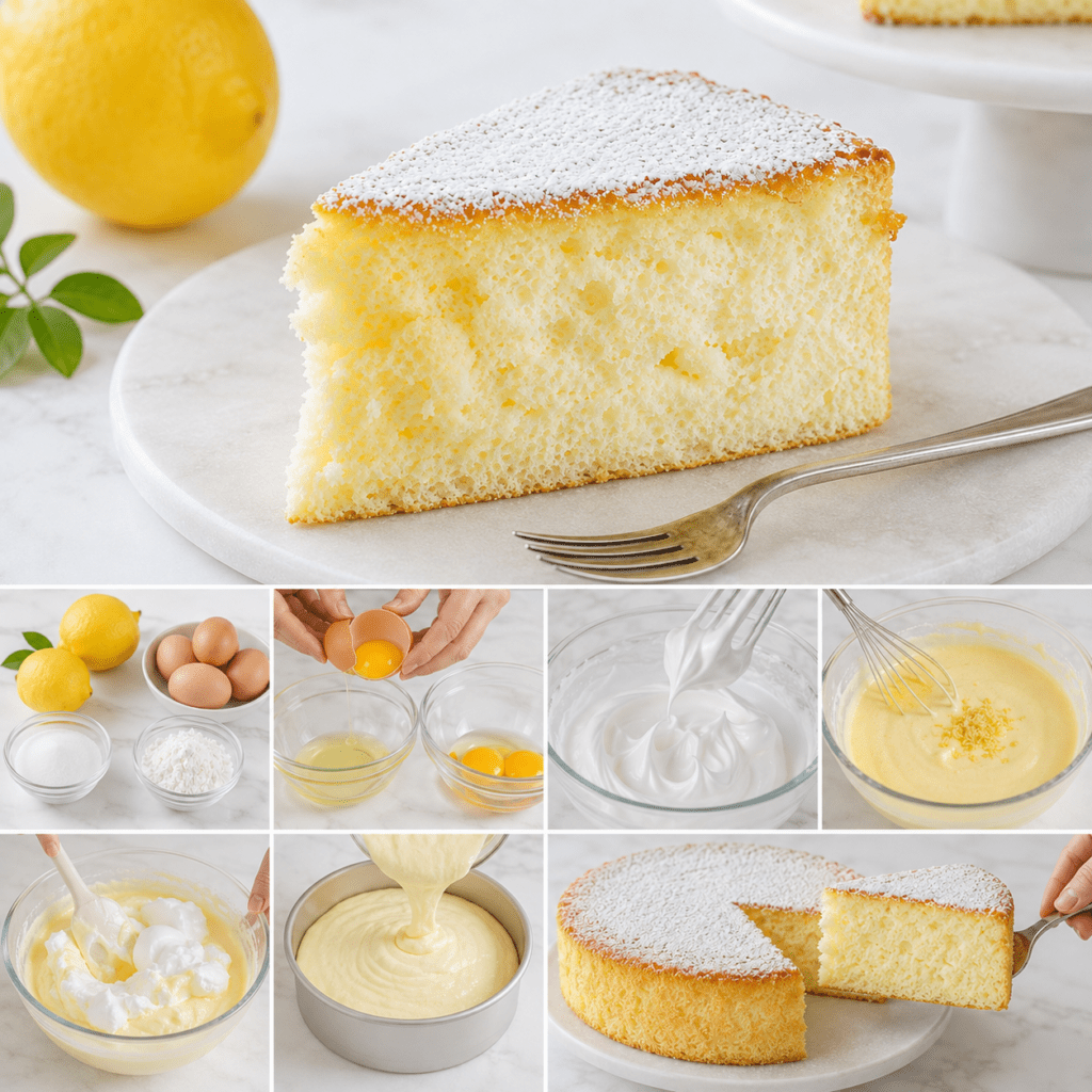 Gâteau nuage au citron très haut et aérien, légèrement doré, découpé pour révéler une mie blanche et mousseuse, décoré de sucre glace et de zestes de citron.