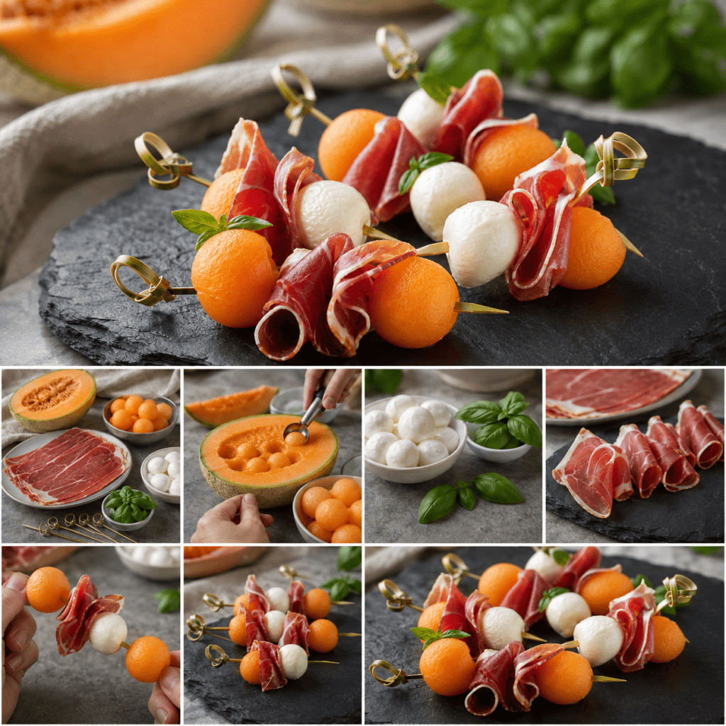 Mini-brochettes apéritives composées de billes de melon orange, de jambon de Bayonne plié et de mozzarella, décorées de basilic frais.