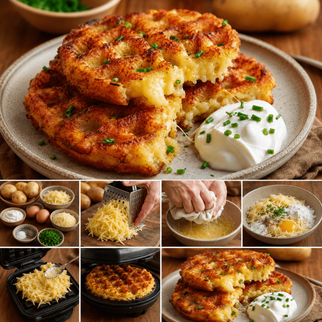 Gaufres salées de pommes de terre très dorées et croustillantes, garnies de fromage fondu et de ciboulette, servies avec une salade fraîche et une sauce au yaourt.