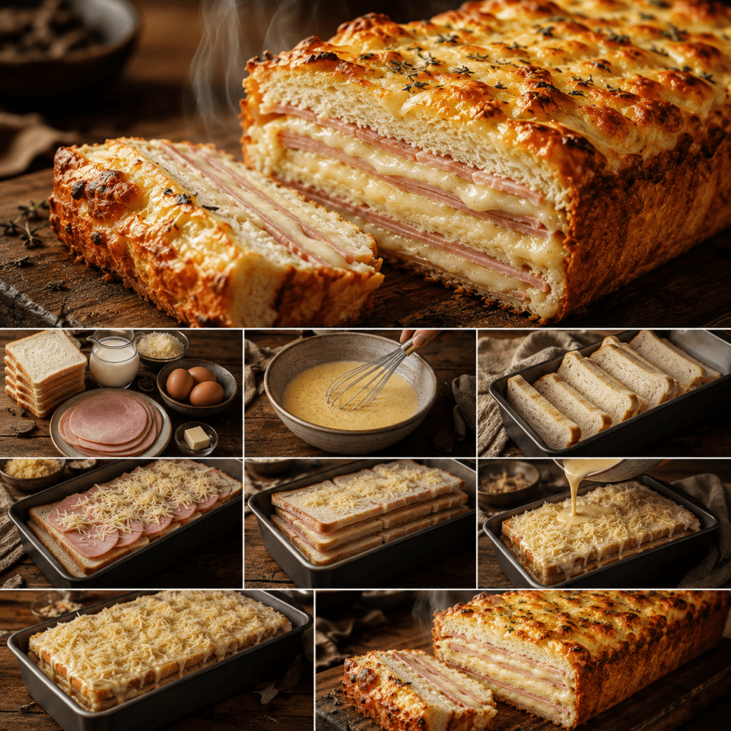 Croque-cake doré servi en tranches épaisses, composé de couches régulières de pain de mie, de jambon et de fromage fondant, avec une surface gratinée.