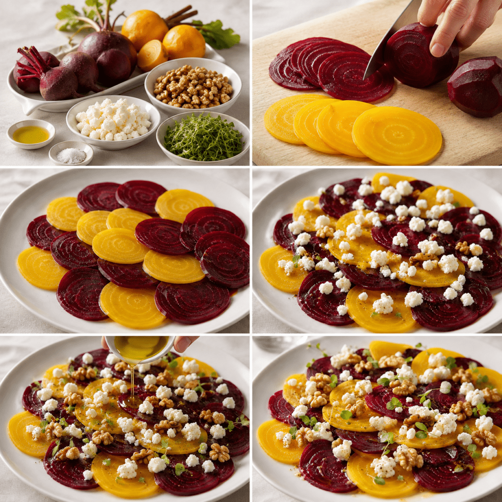 Carpaccio de betteraves rouges et jaunes coupées en fines rondelles, garni de chèvre frais émietté, de noix concassées, de jeunes pousses et d’huile de noix.
