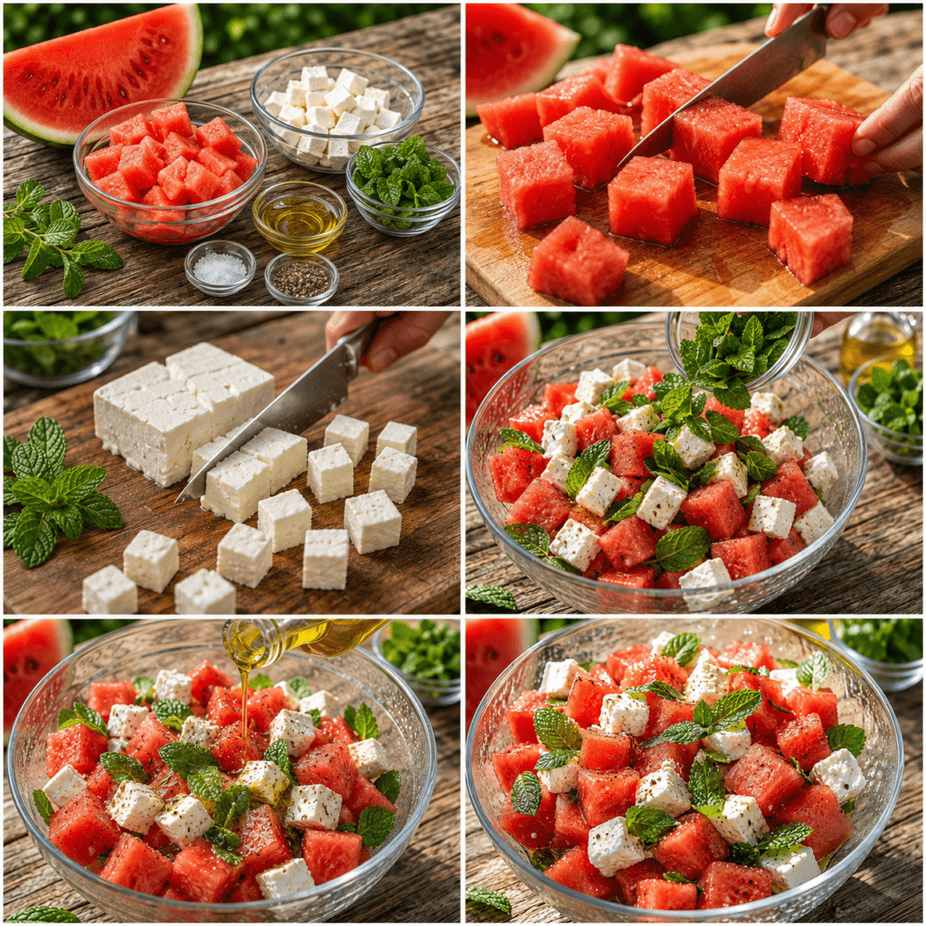 Salade estivale composée de cubes de pastèque rouge, de feta blanche émiettée, de feuilles de menthe fraîche et d’un filet d’huile d’olive, servie dans un grand plat.