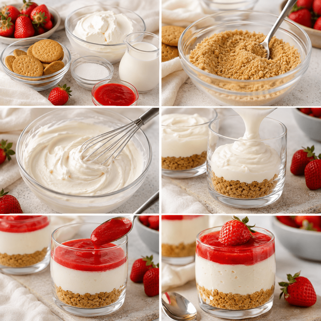 Verrines de cheesecake à la fraise sans cuisson composées d’une base de biscuits sablés, d’une crème blanche onctueuse et d’un coulis rouge, décorées de fraises fraîches.