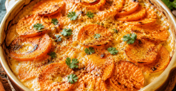 Gratin de patates douces au lait de coco dans un plat en céramique, avec des rondelles orangées fondantes et une surface dorée au curry et aux herbes.