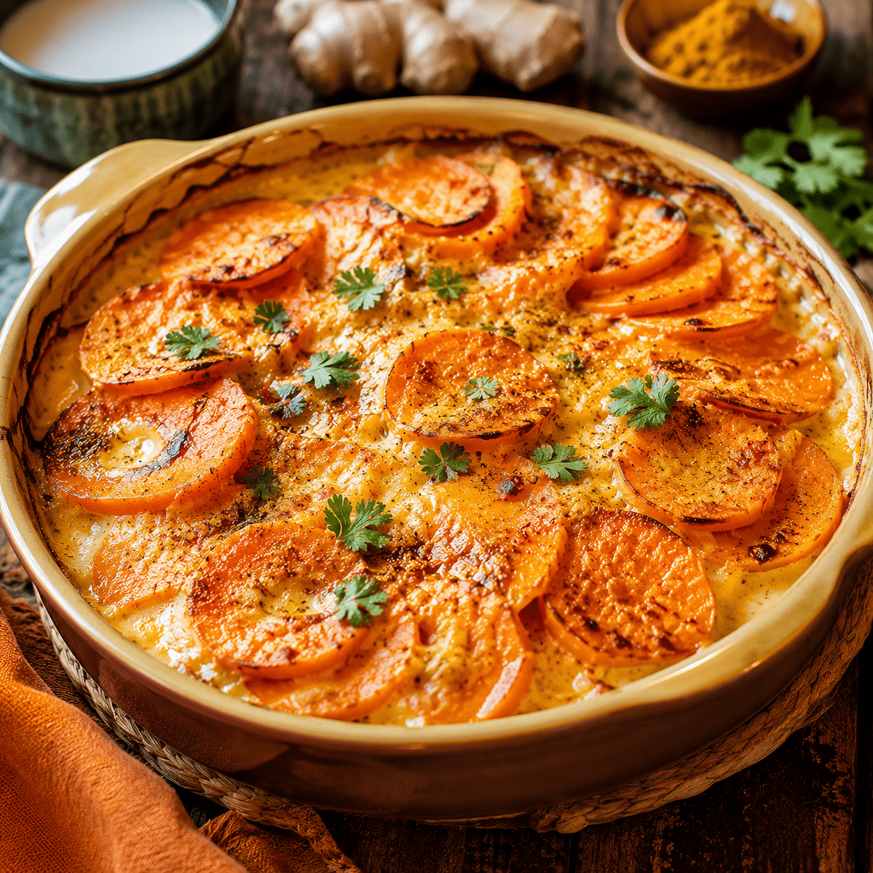Gratin de patates douces au lait de coco dans un plat en céramique, avec des rondelles orangées fondantes et une surface dorée au curry et aux herbes.