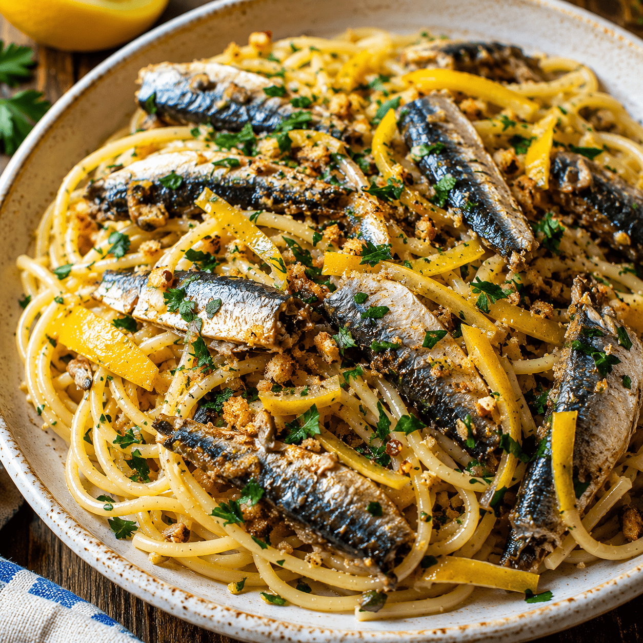 Spaghetti méditerranéens garnis de sardines fraîches dorées, de petits dés de citron confit, de persil et de chapelure croustillante.