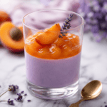 Verrines de panna cotta blanche à la lavande surmontées d’une compotée d’abricots orangée, décorées de quartiers de fruits et de lavande alimentaire.