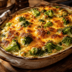 Gratin de brocolis au cheddar fumé dans un plat en céramique, avec une sauce crémeuse, une surface dorée et des fleurettes encore bien vertes.