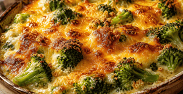 Gratin de brocolis au cheddar fumé dans un plat en céramique, avec une sauce crémeuse, une surface dorée et des fleurettes encore bien vertes.