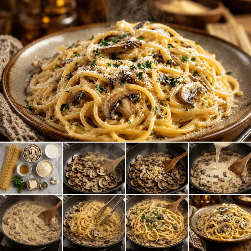 Spaghetti crémeux façon carbonara végétarienne, garnis de champignons de Paris bien dorés, de parmesan râpé, de poivre noir et de persil frais.