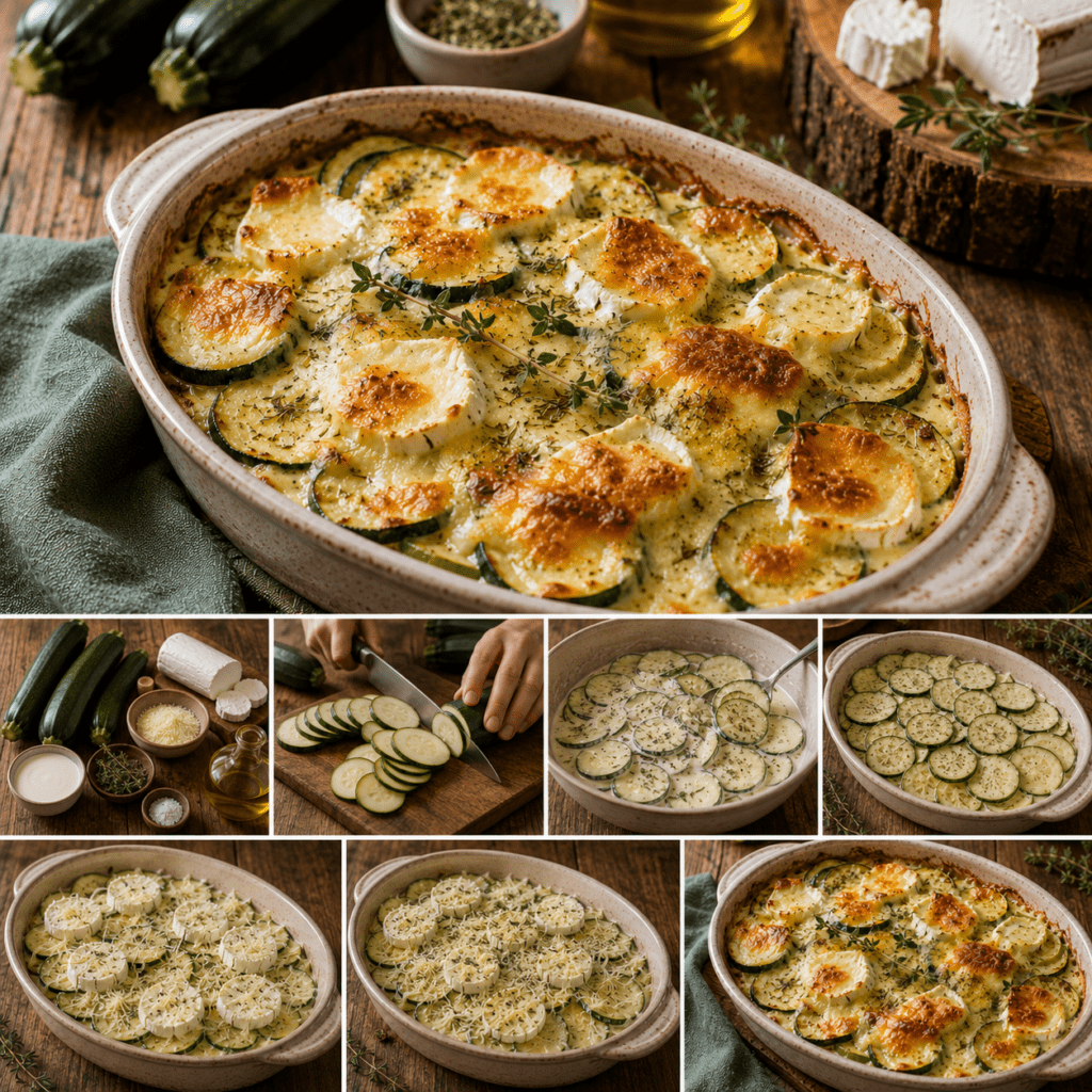 Gratin de courgettes au chèvre frais dans un plat en céramique, avec une surface dorée, des rondelles de courgettes fondantes et des herbes de Provence.