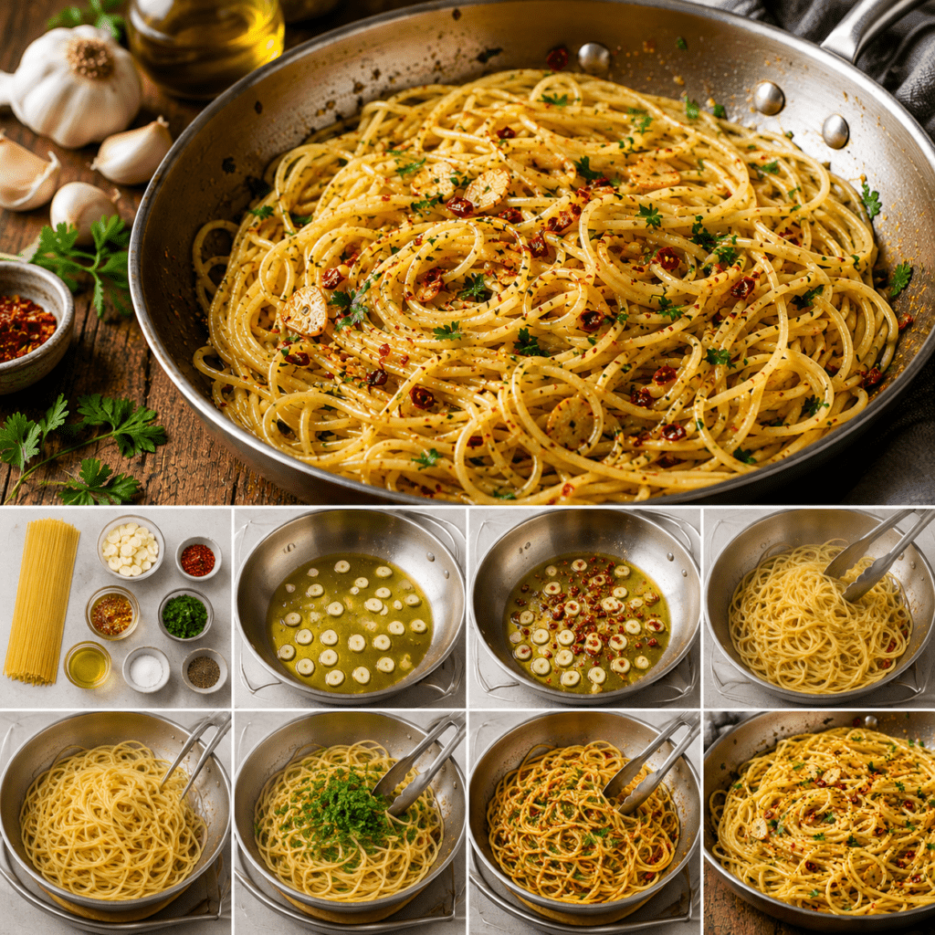 Spaghetti aglio e olio brillants servis dans une poêle, garnis de fines lamelles d’ail doré, de piment rouge, de persil frais et d’huile d’olive.