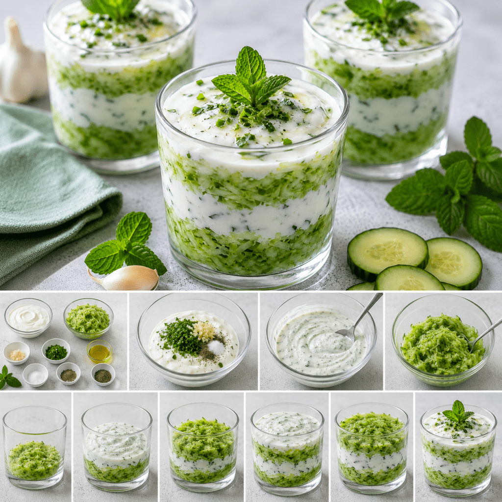 Verrines salées remplies d’une préparation crémeuse au concombre râpé, au yaourt grec et à la menthe, décorées de dés de concombre et de citron.