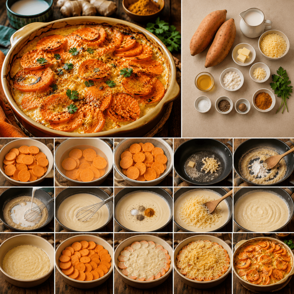 Gratin de patates douces au lait de coco dans un plat en céramique, avec des rondelles orangées fondantes et une surface dorée au curry et aux herbes.