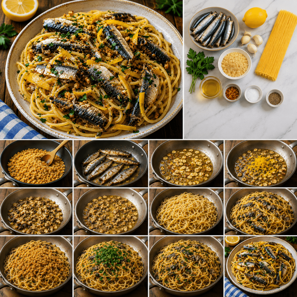Spaghetti méditerranéens garnis de sardines fraîches dorées, de petits dés de citron confit, de persil et de chapelure croustillante.