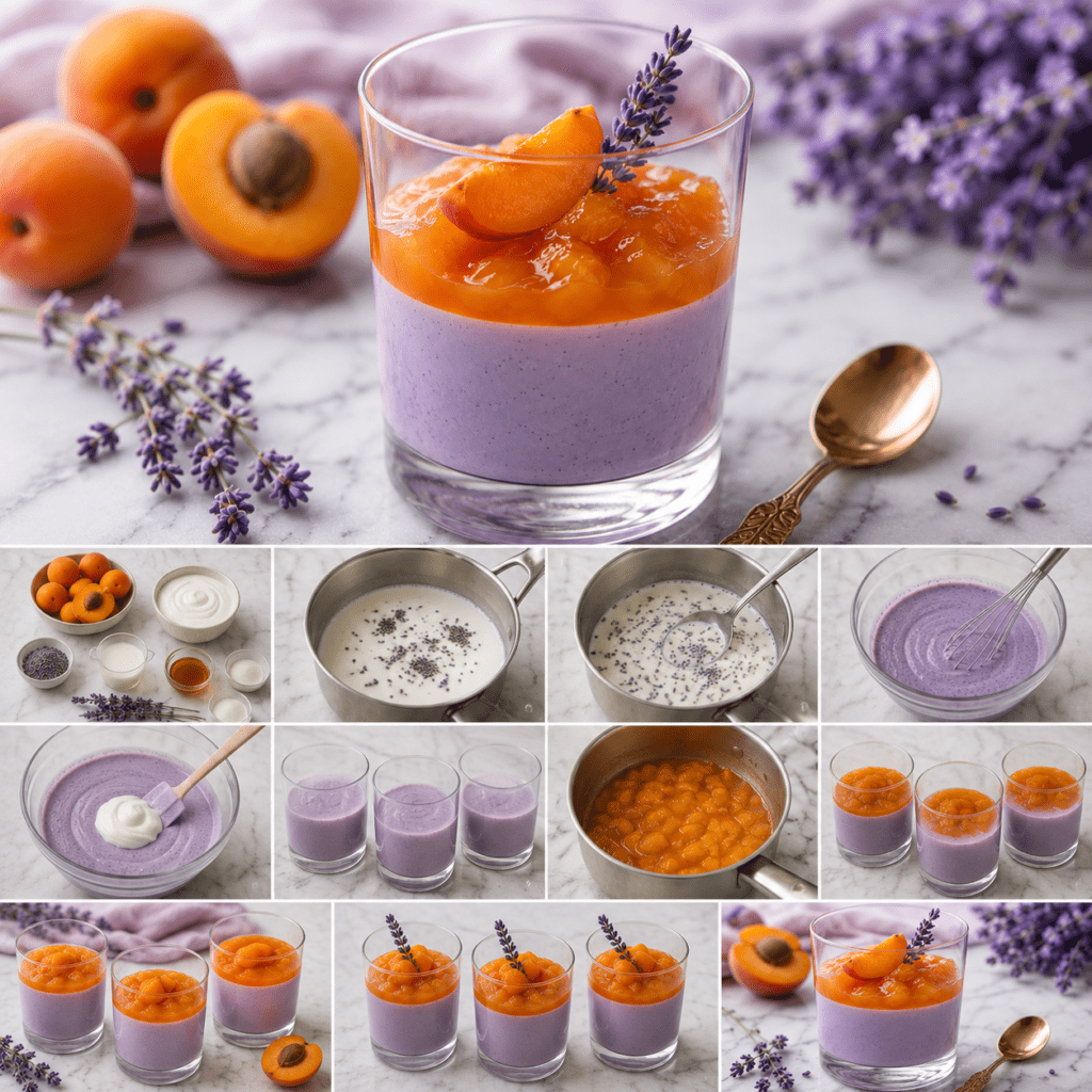 Verrines de panna cotta blanche à la lavande surmontées d’une compotée d’abricots orangée, décorées de quartiers de fruits et de lavande alimentaire.
