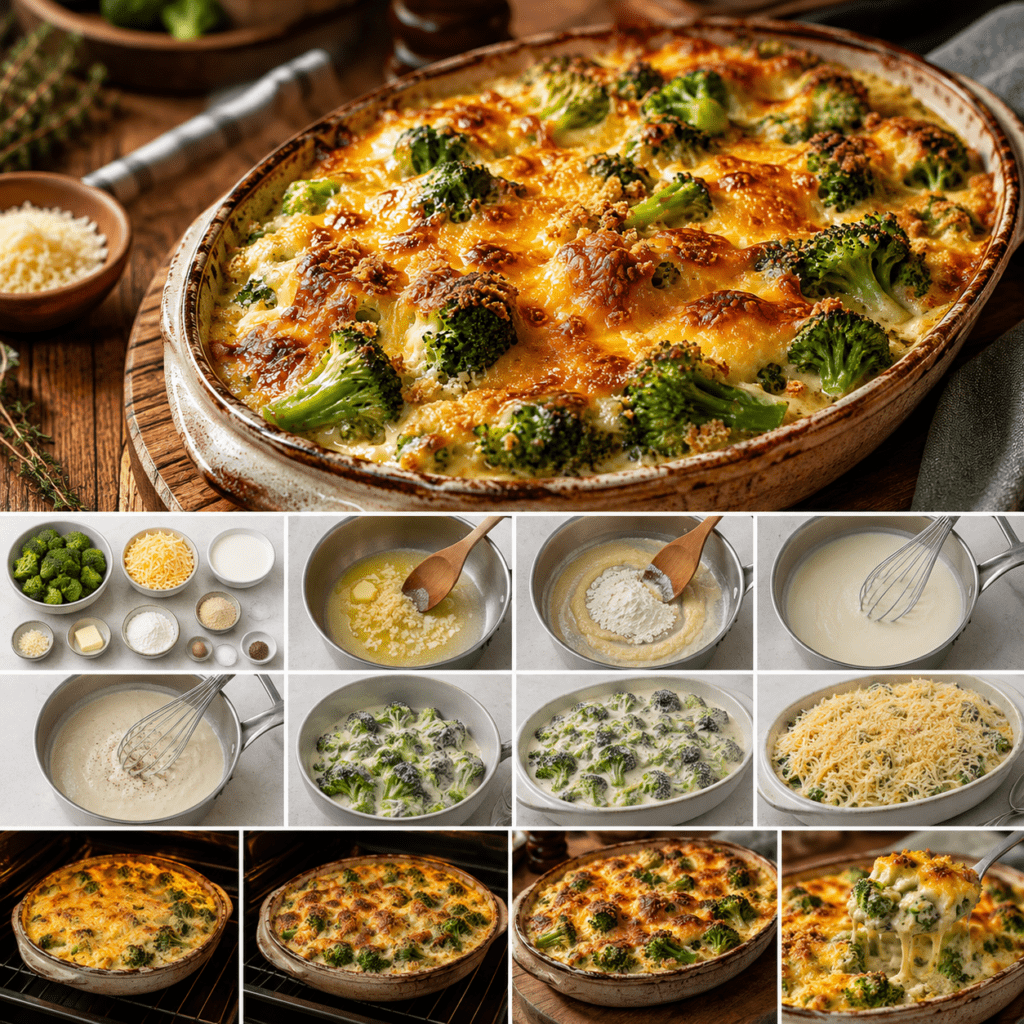 Gratin de brocolis au cheddar fumé dans un plat en céramique, avec une sauce crémeuse, une surface dorée et des fleurettes encore bien vertes.