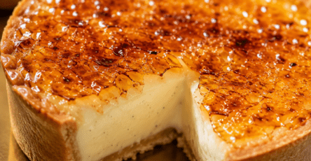 Tarte crème brûlée à la vanille sur un fond sablé doré, recouverte d’une fine croûte de caramel brillante et craquante.