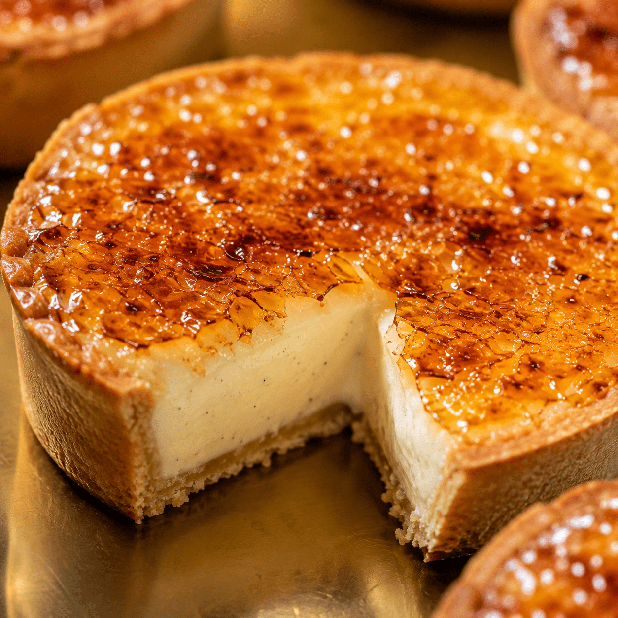 Tarte crème brûlée à la vanille sur un fond sablé doré, recouverte d’une fine croûte de caramel brillante et craquante.