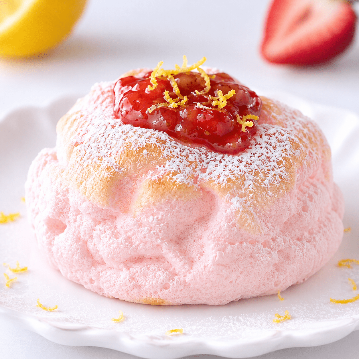 Cloud bread fraise-citron en forme de dôme rose pâle, à la texture aérienne, décoré de fraises fraîches et de fins zestes de citron.