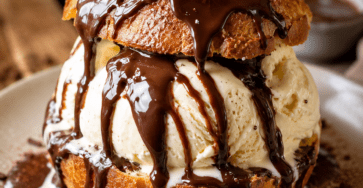 Profiterole géante composée d’un grand chou doré garni de boules de glace vanille, nappé d’une sauce au chocolat chaud brillante.