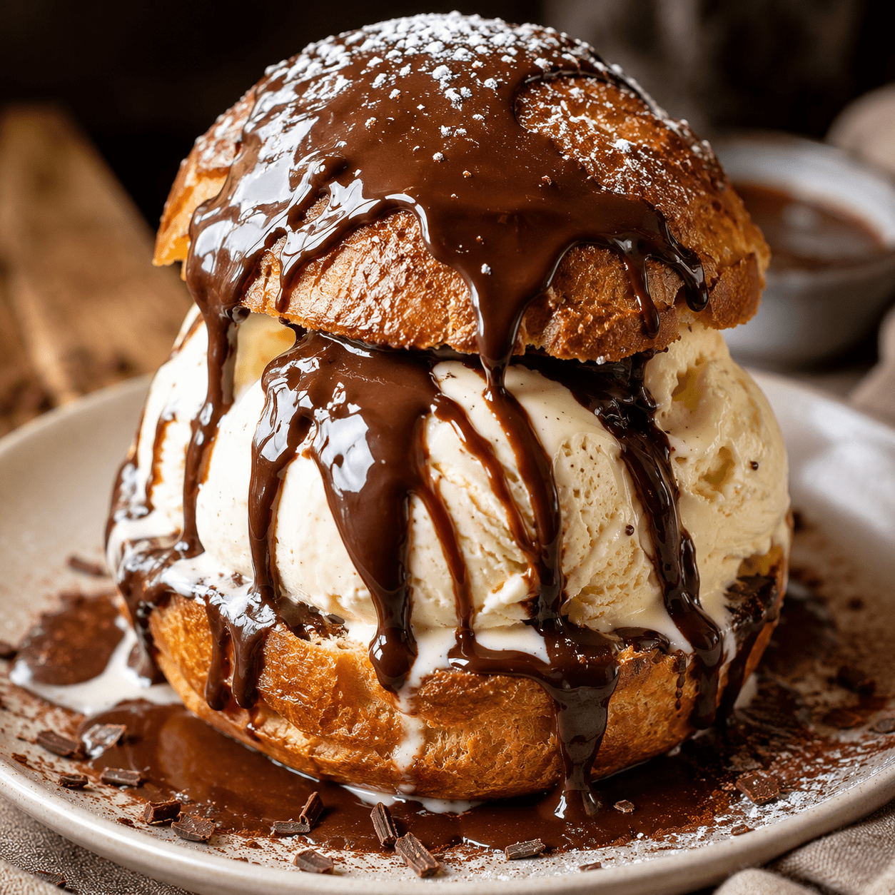 Profiterole géante composée d’un grand chou doré garni de boules de glace vanille, nappé d’une sauce au chocolat chaud brillante.