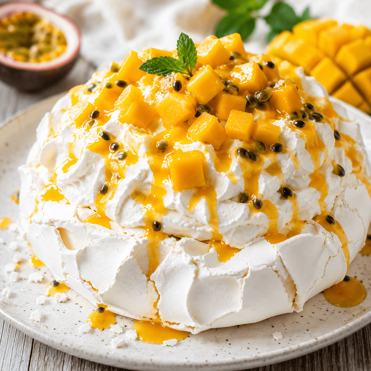 Pavlova exotique composée d’une meringue blanche craquante, de chantilly vanillée, de dés de mangue et de coulis de fruit de la passion.