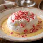Île flottante composée de blancs en neige pochés sur une crème anglaise vanillée, décorée de pralines roses concassées et de caramel.