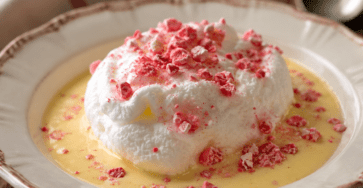 Île flottante composée de blancs en neige pochés sur une crème anglaise vanillée, décorée de pralines roses concassées et de caramel.