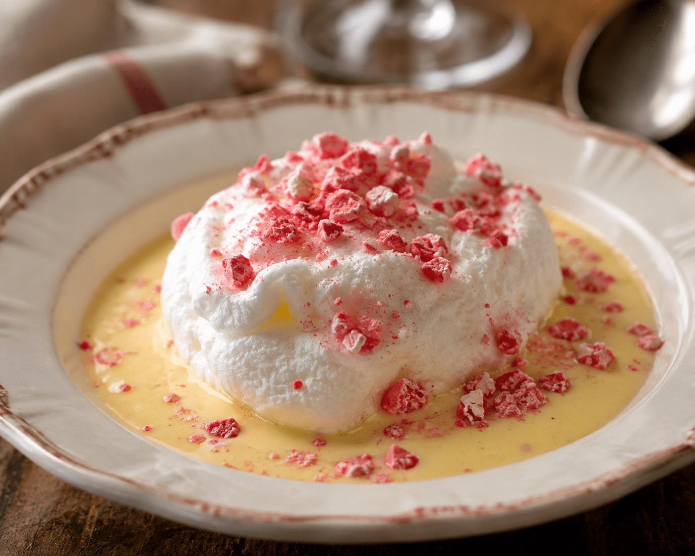Île flottante composée de blancs en neige pochés sur une crème anglaise vanillée, décorée de pralines roses concassées et de caramel.