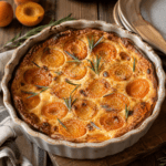 Clafoutis crémeux doré garni de demi-abricots fondants, décoré d’une petite branche de romarin frais dans un plat en céramique.