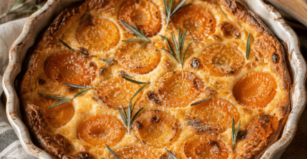 Clafoutis crémeux doré garni de demi-abricots fondants, décoré d’une petite branche de romarin frais dans un plat en céramique.