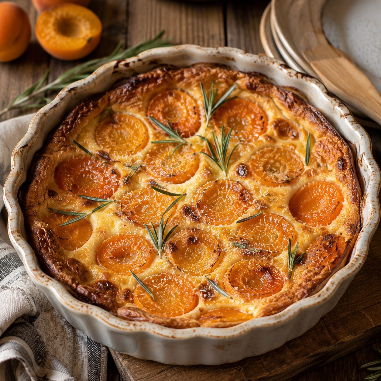 Clafoutis crémeux doré garni de demi-abricots fondants, décoré d’une petite branche de romarin frais dans un plat en céramique.