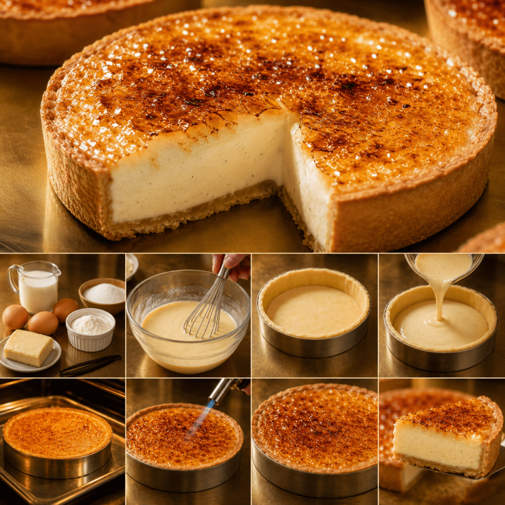Tarte crème brûlée à la vanille sur un fond sablé doré, recouverte d’une fine croûte de caramel brillante et craquante.