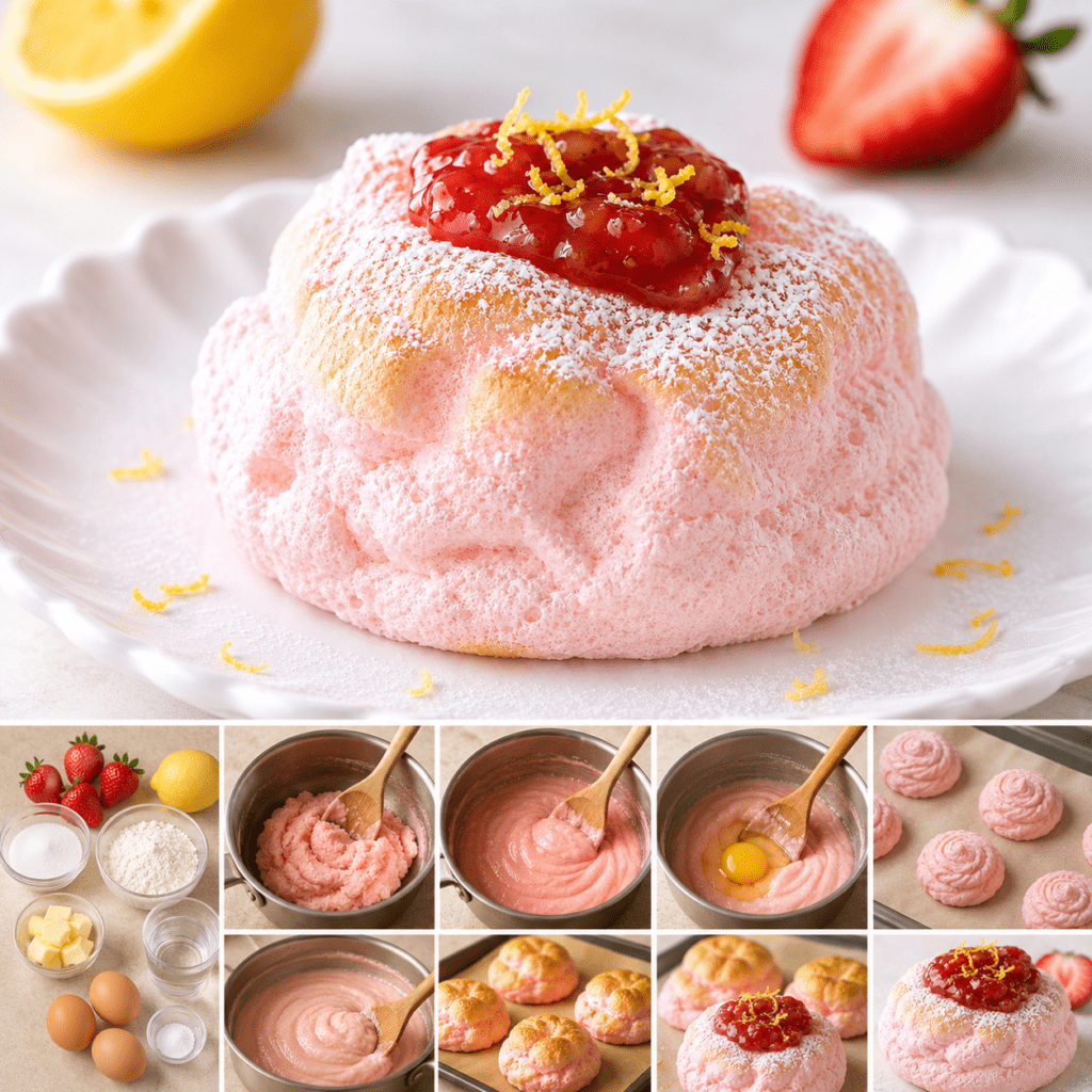 Cloud bread fraise-citron en forme de dôme rose pâle, à la texture aérienne, décoré de fraises fraîches et de fins zestes de citron.