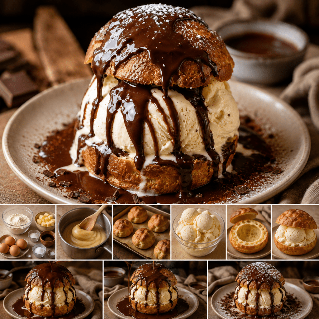 Profiterole géante composée d’un grand chou doré garni de boules de glace vanille, nappé d’une sauce au chocolat chaud brillante.