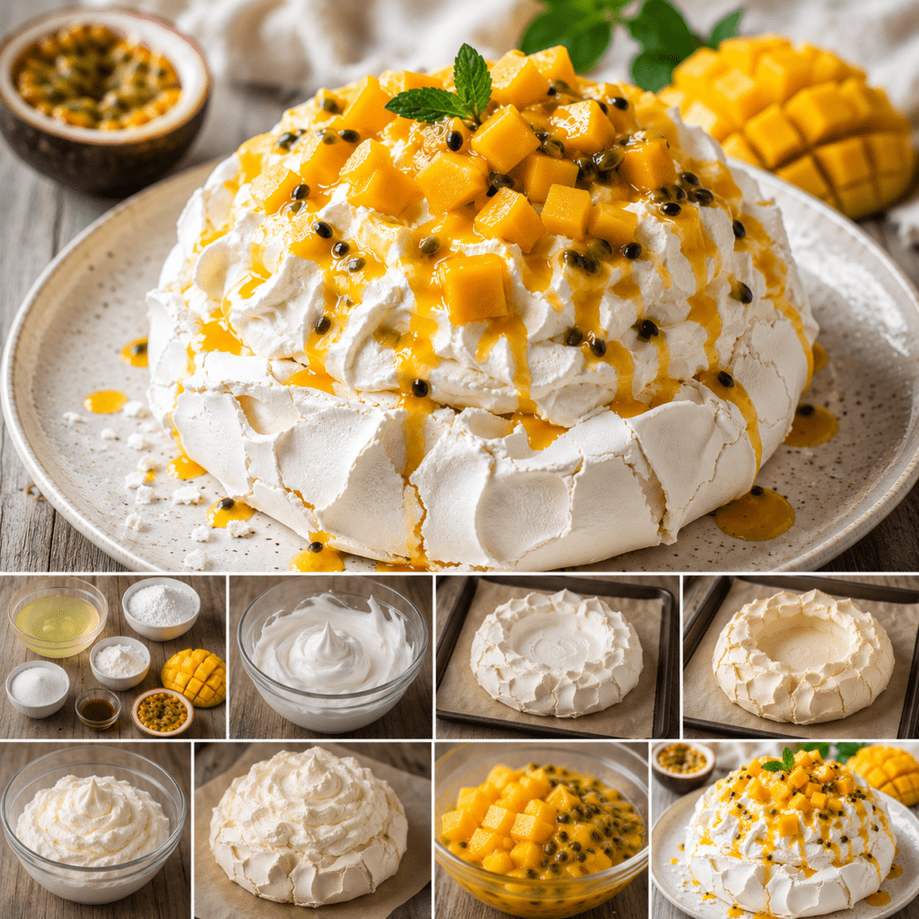 Pavlova exotique composée d’une meringue blanche craquante, de chantilly vanillée, de dés de mangue et de coulis de fruit de la passion.