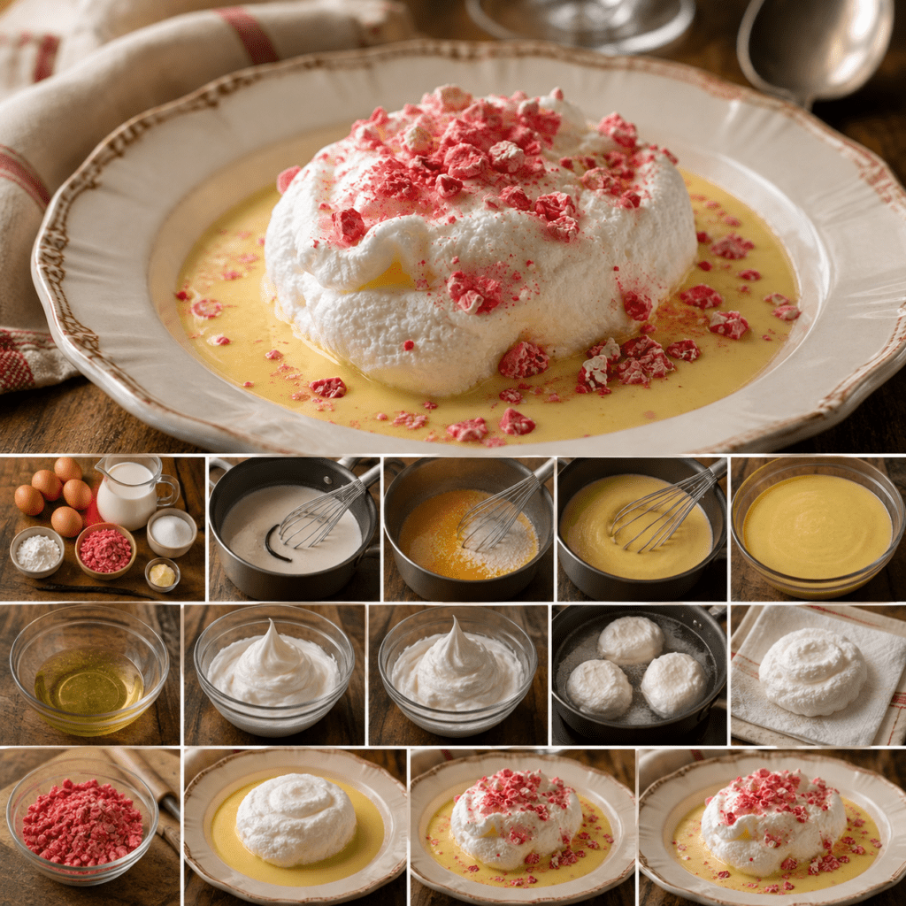 Île flottante composée de blancs en neige pochés sur une crème anglaise vanillée, décorée de pralines roses concassées et de caramel.