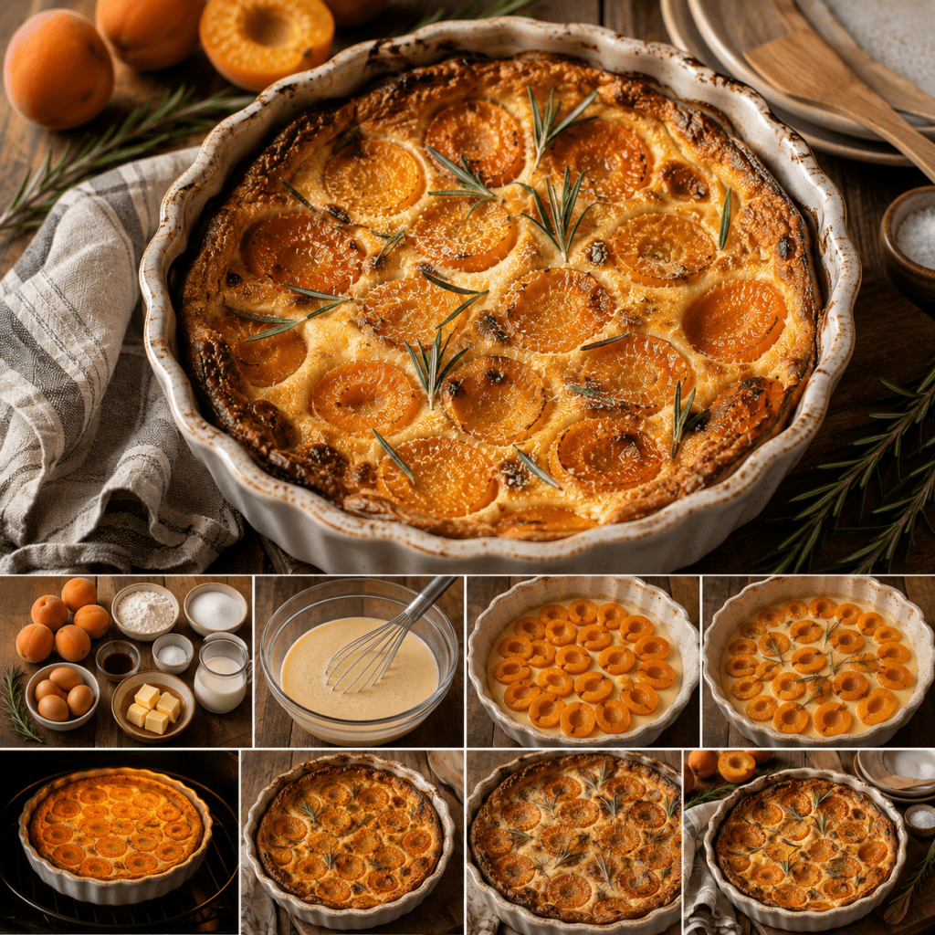 Clafoutis crémeux doré garni de demi-abricots fondants, décoré d’une petite branche de romarin frais dans un plat en céramique.