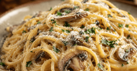 Spaghetti crémeux façon carbonara végétarienne, garnis de champignons de Paris bien dorés, de parmesan râpé, de poivre noir et de persil frais.